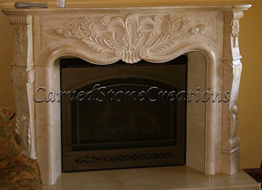 Carved marble French country fireplace mantel