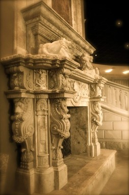 Lion Fireplace detail, carved of golden orient travertine