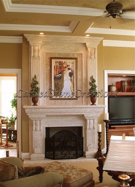 Large Tuscan carved stone fireplace over-mantel surround