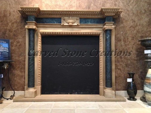 Antiqued White marble fireplace surround with Green Marble accents