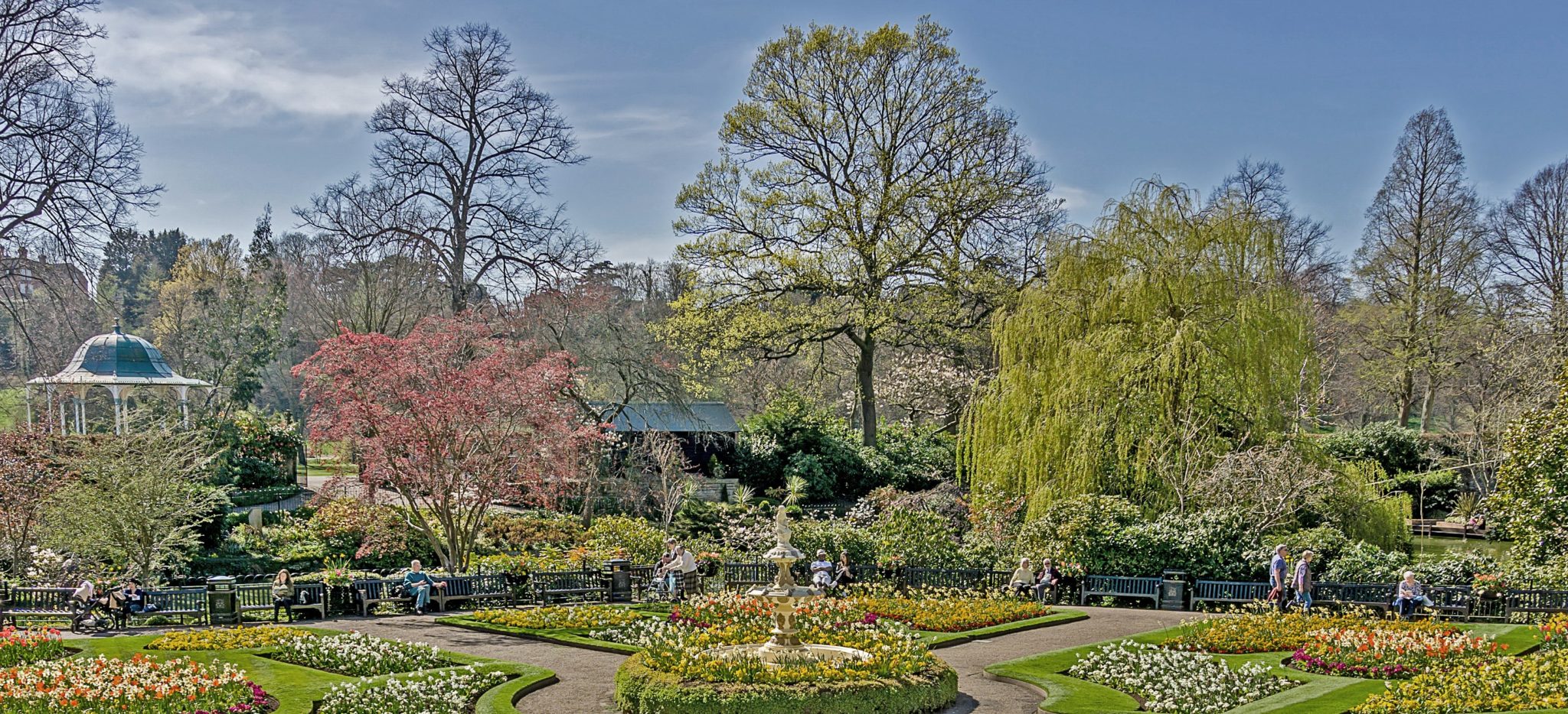 garden with stone fountain
