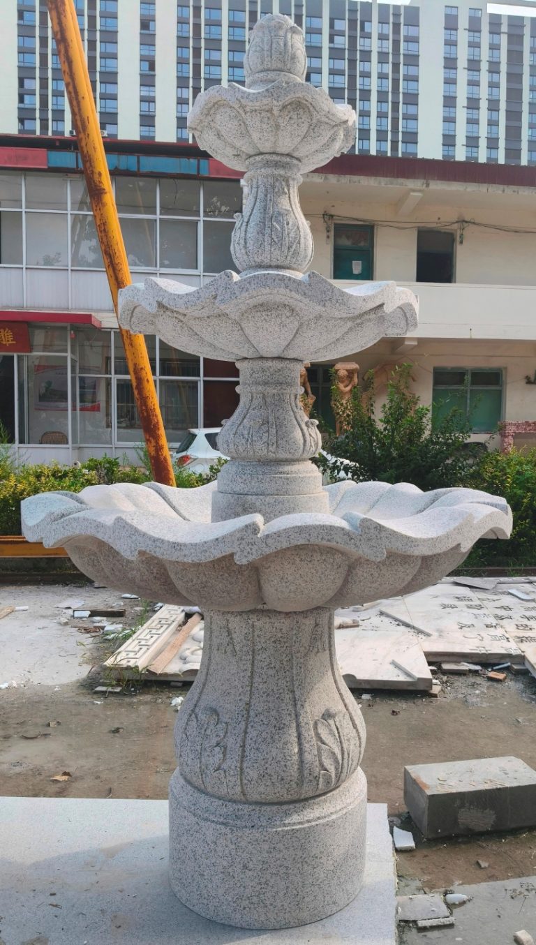 3-tier Scalloped Fountain carved of California white granite, 54" diameter x 96" tall