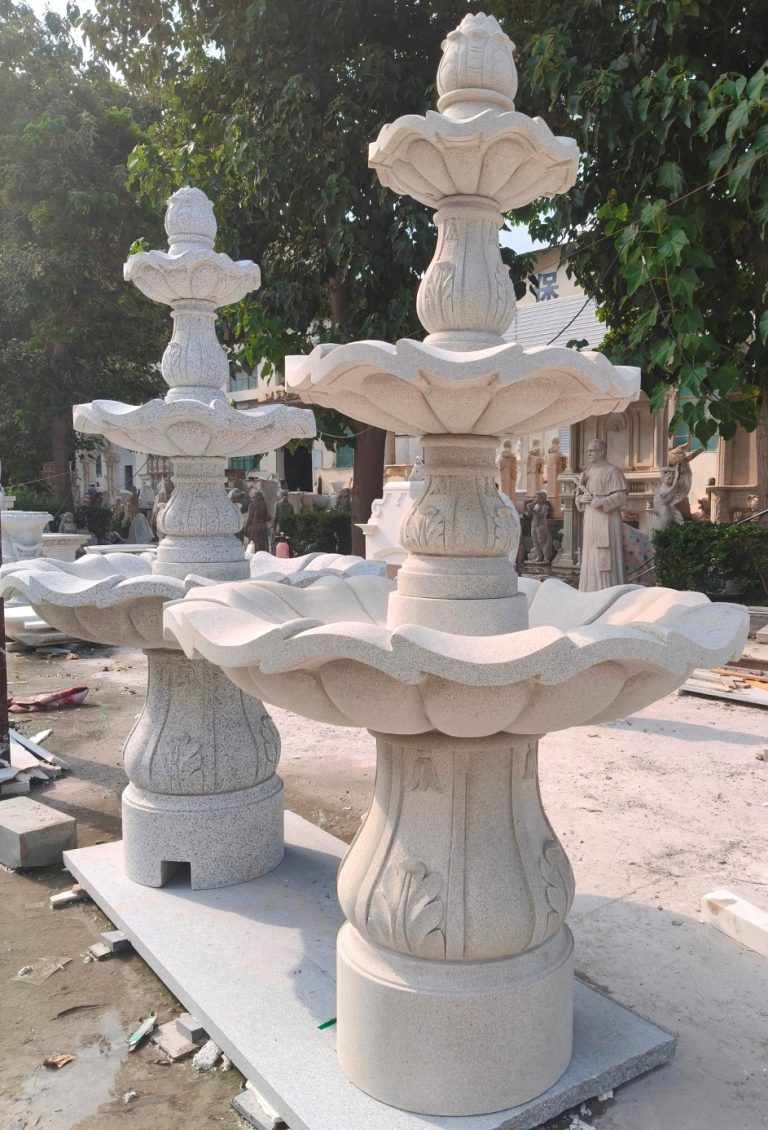 3-Tier Scallloped fountain, carved of Golden Cypress granite, 54" diameter x 96" tall