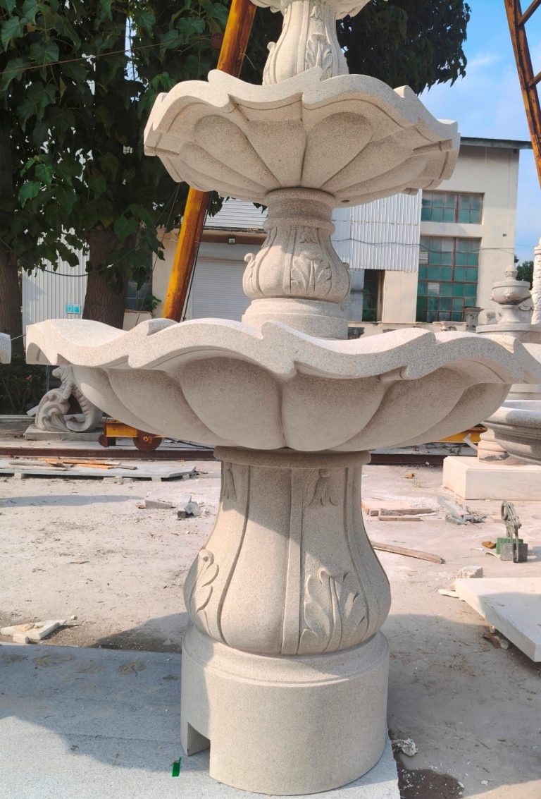 3-Tier Scallloped fountain, carved of Golden Cypress granite, 54" diameter x 96" tall