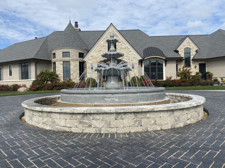 3-tier Scalloped fountain with a 12' diameter cypress pool surround and a 10' copper spray ring.