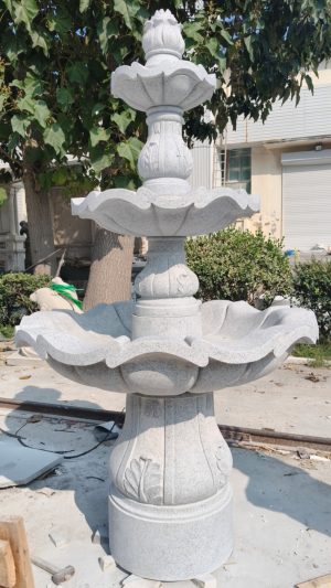 3-tier Scalloped fountain carved of light charcoal grey granite