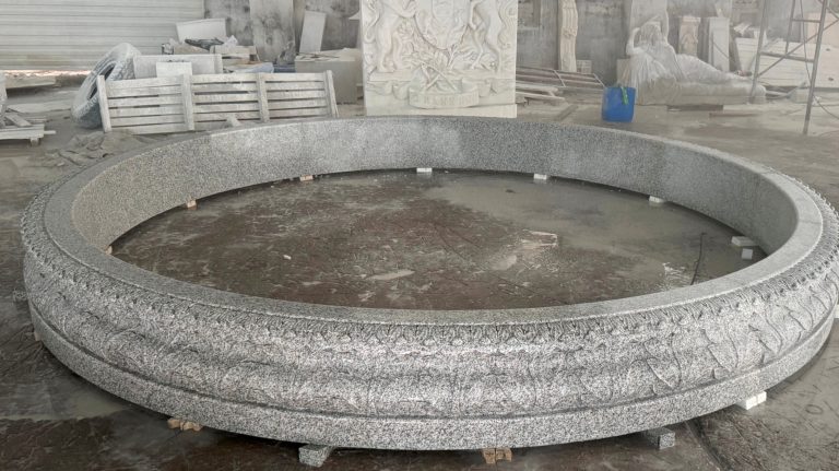 12' diameter x 14" tall Acanthus Relief carved pool surround carved of california whtie granite