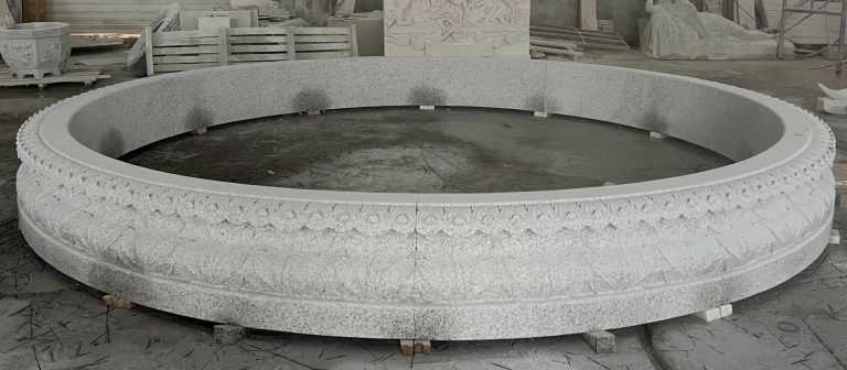 12' diameter x 14" tall Acanthus Relief carved pool surround carved of california whtie granite